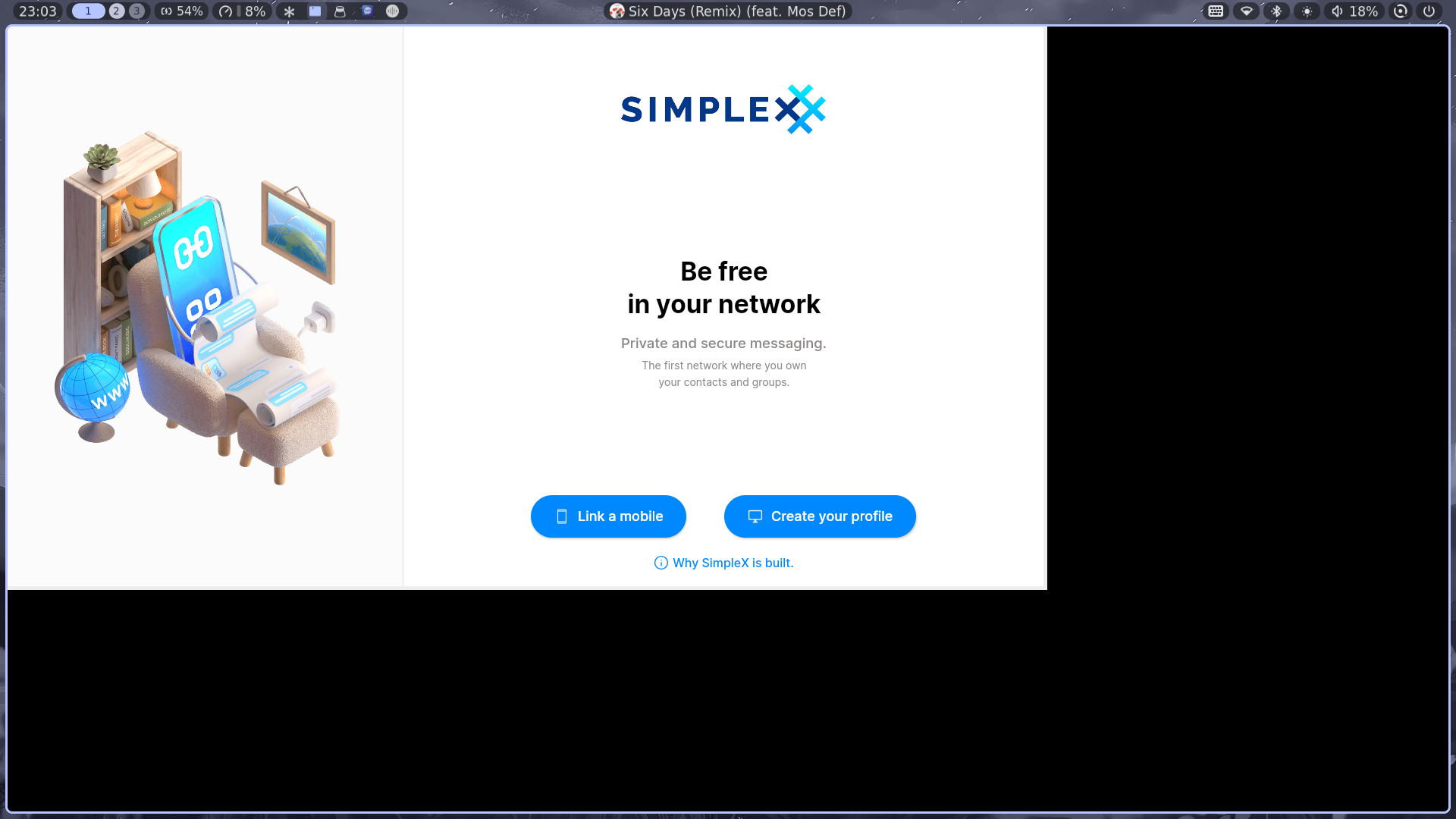 The SimpleX desktop AppImage rendering only the left half of its welcome screen, the rest of the window black